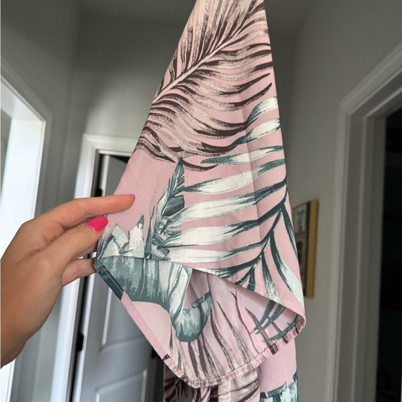 Summer Vacation Pink & Green Leaf Print Kimono Bathing Suit Pool Cover Up - Picture 3 of 7